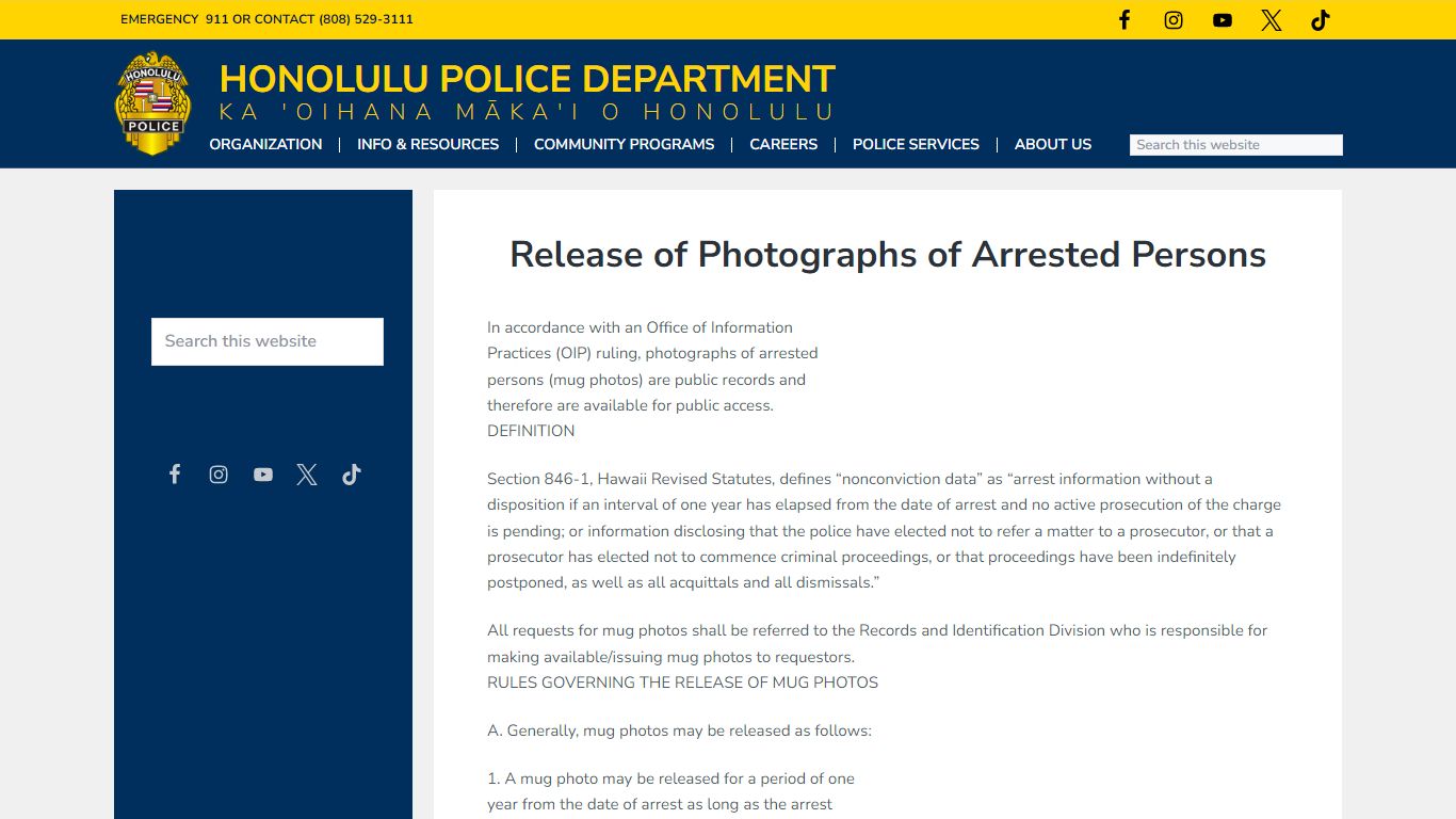 Release of Photographs of Arrested Persons - Honolulu Police Department